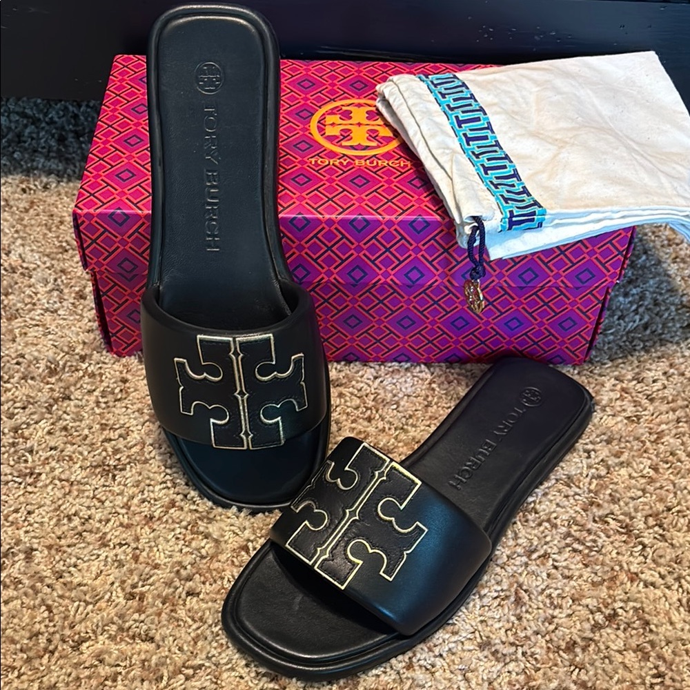 Tory Burch Black Slides with Gold Accents